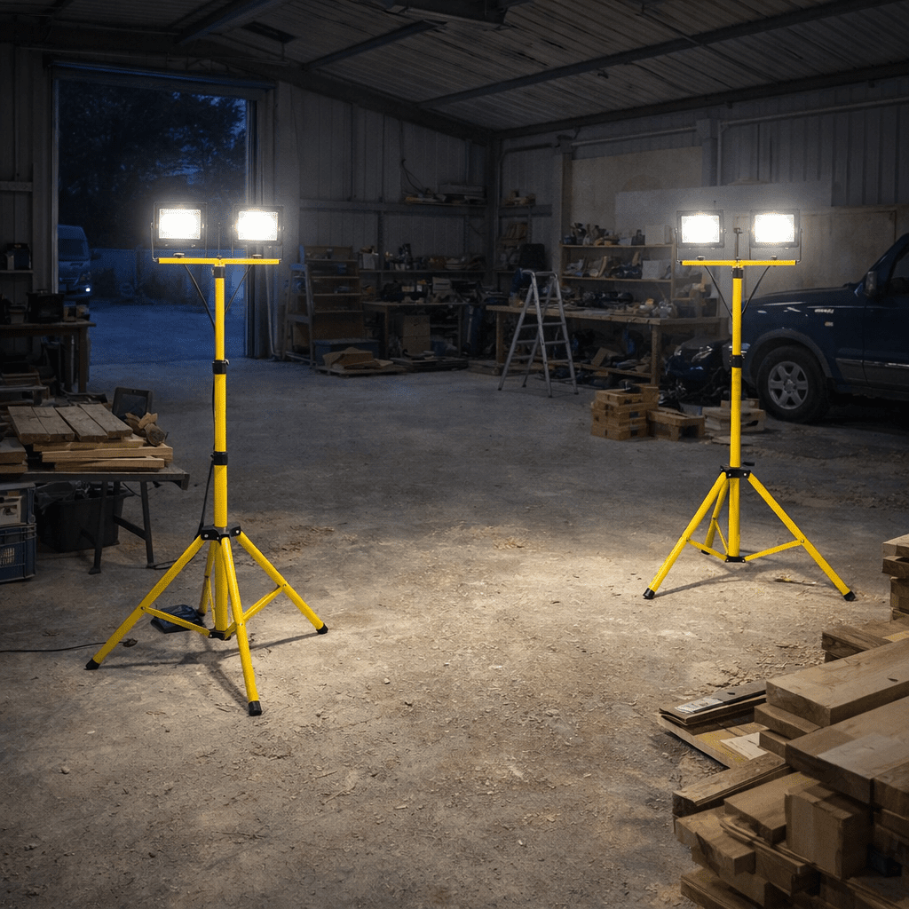 Shop garage lighting in South Africa, bright LED ceiling light for garage storage and workshop areas, clean 800x800 ecommerce lifestyle composition