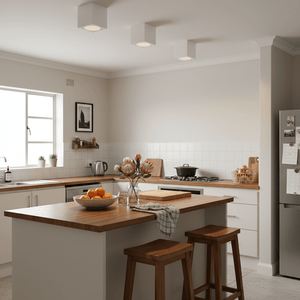 Stylish kitchen featuring square white LED downlights, wooden countertops, and a bowl of oranges.