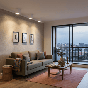Stylish living room featuring square white LED downlights illuminating a cozy sofa and decor.