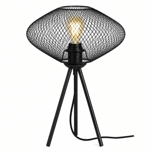 Black mesh table lamp with a unique design, featuring a warm bulb and tripod legs.
