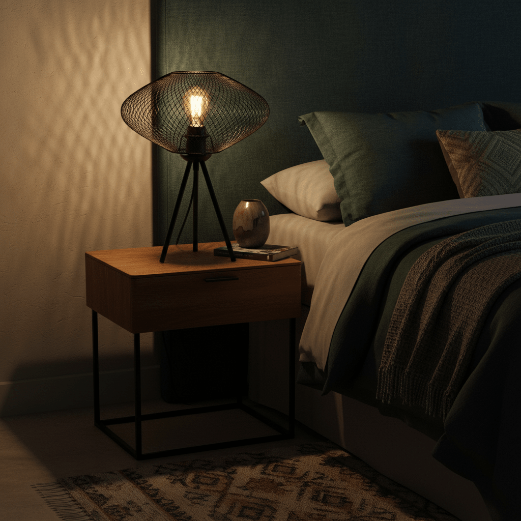 Stylish black mesh table lamp on a bedside table, casting warm light in a cozy bedroom setting.