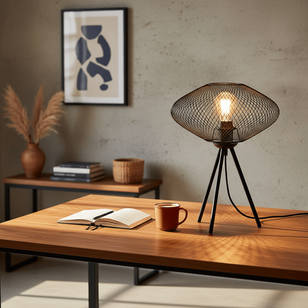 Stylish black mesh table lamp on a wooden desk with a notebook and coffee cup, enhancing modern decor.