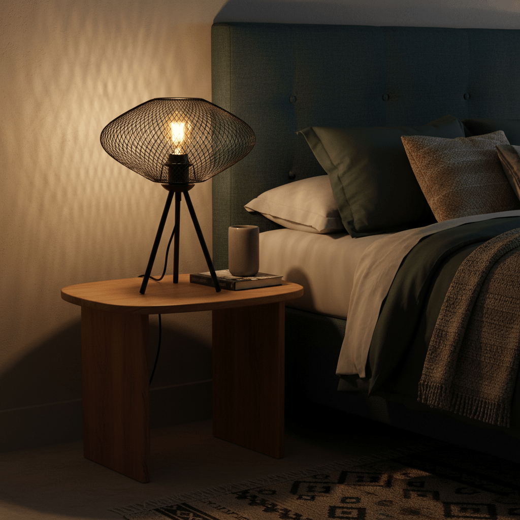 Stylish black mesh table lamp on a wooden bedside table, casting warm light in a cozy bedroom setting.