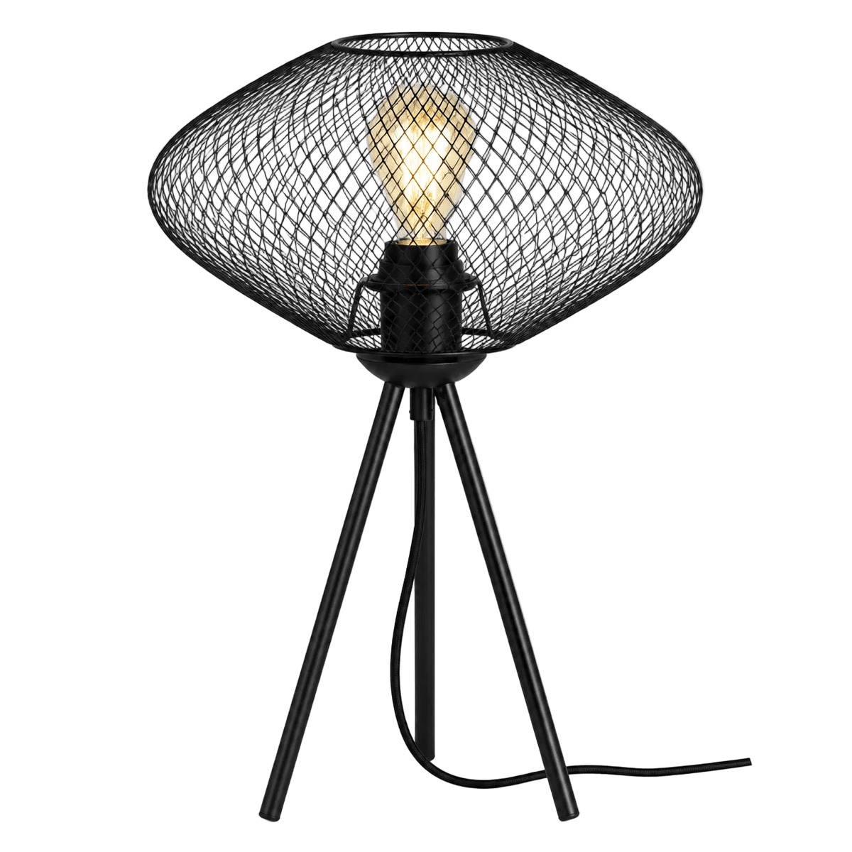 Black mesh table lamp with a bulb, supported by three slender black legs and a visible power cord.