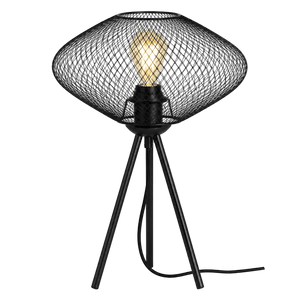 Black mesh table lamp with a bulb, supported by three slender black legs and a visible power cord.