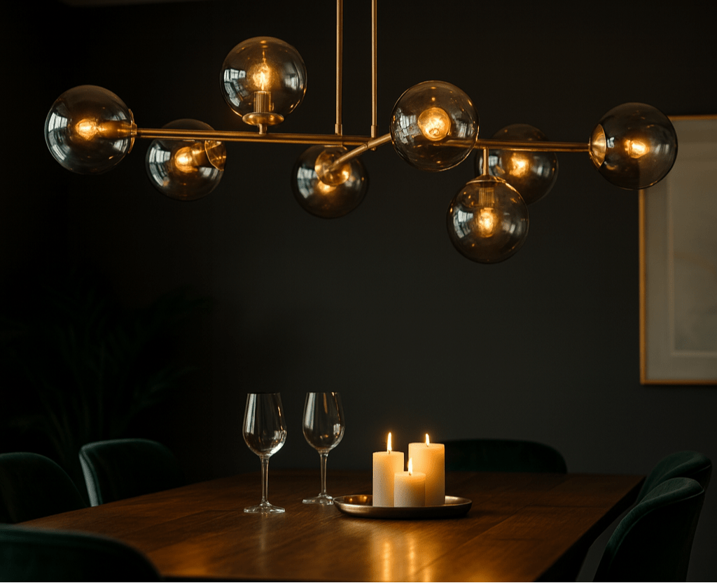 Modern chandelier with glass bulbs in a dimly lit room with a table and candles.