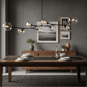 A modern dining setup featuring a black 8-light pendant light above a wooden table set with plates and cutlery.