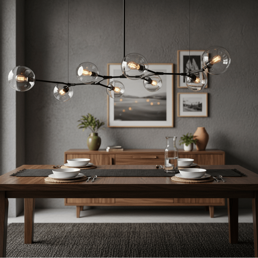 A modern dining setup featuring a black 8-light pendant light above a wooden table set with plates and cutlery.
