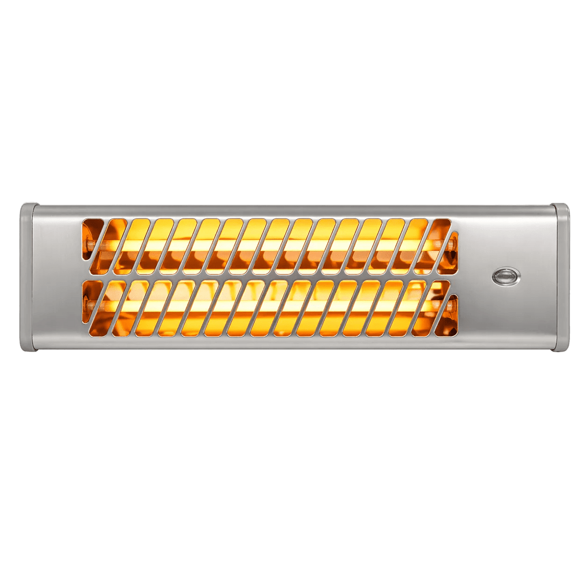 Silver wall‑mounted quartz heater with glowing orange heating elements behind slatted grille