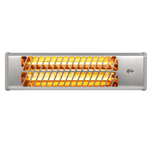 Silver wall‑mounted quartz heater with glowing orange heating elements behind slatted grille