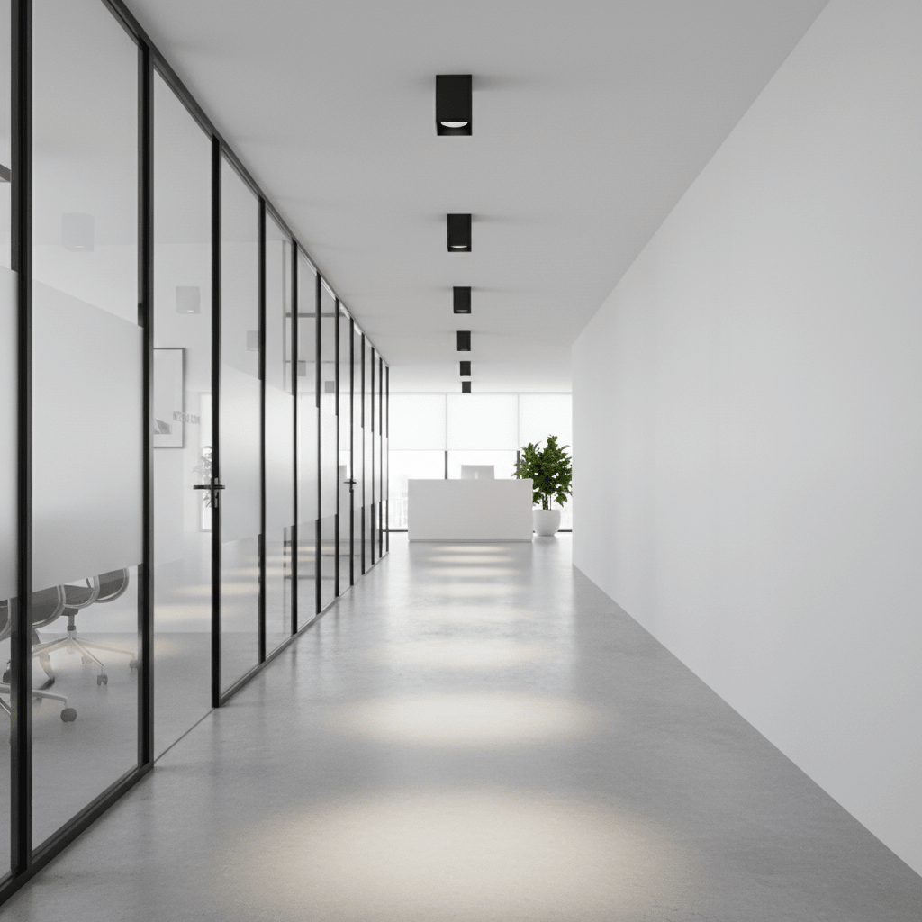 Modern office hallway featuring black surface mount downlights illuminating the space with a sleek design.