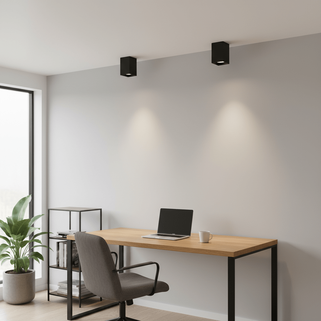 Modern black surface mount downlight holders illuminating a stylish home office setup.