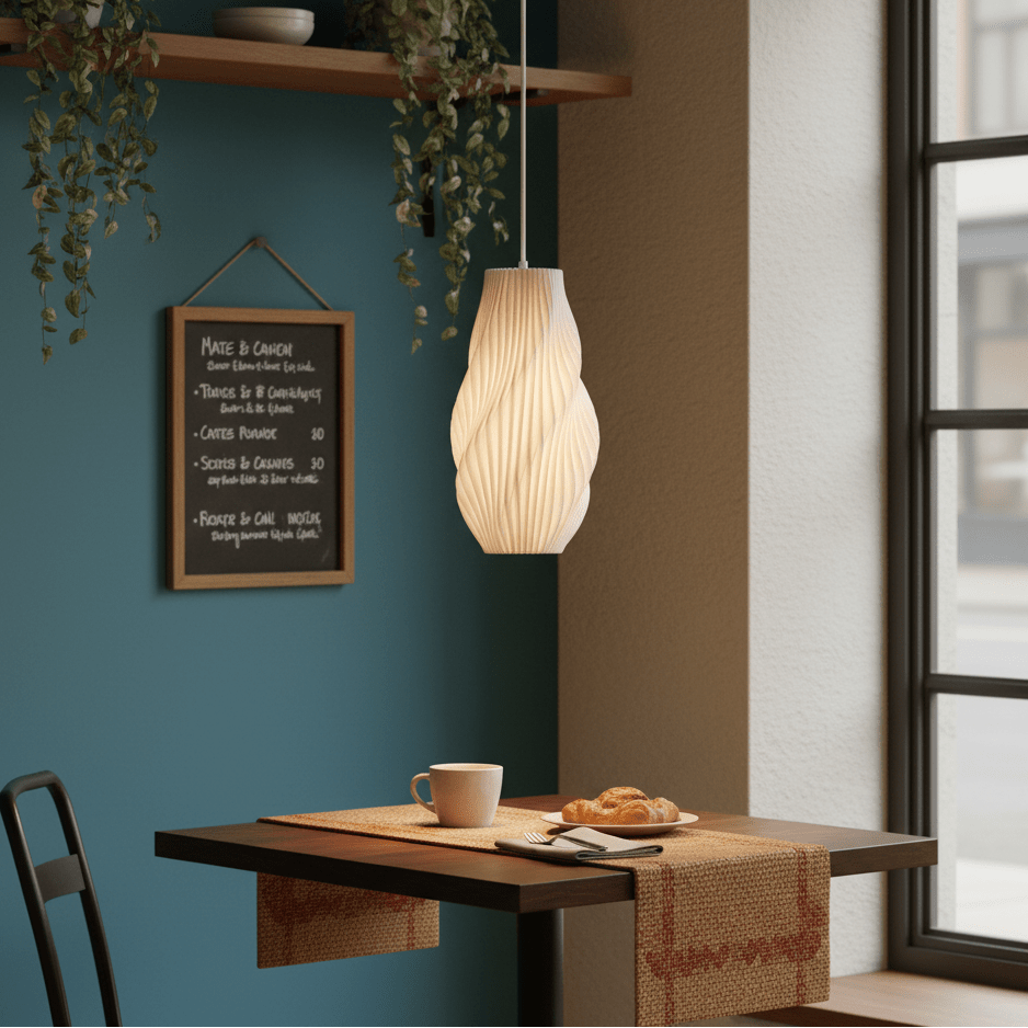 Snowdrop 3D Printed White Pendant Light hanging above a dining table with a coffee cup and pastries.