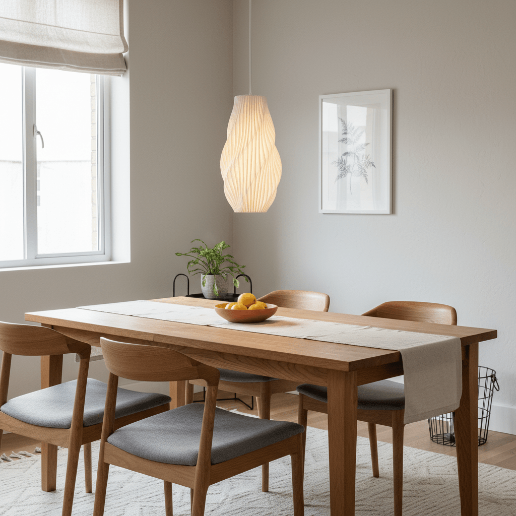 A stylish dining area featuring a Snowdrop pendant light above a wooden table with a fruit bowl.