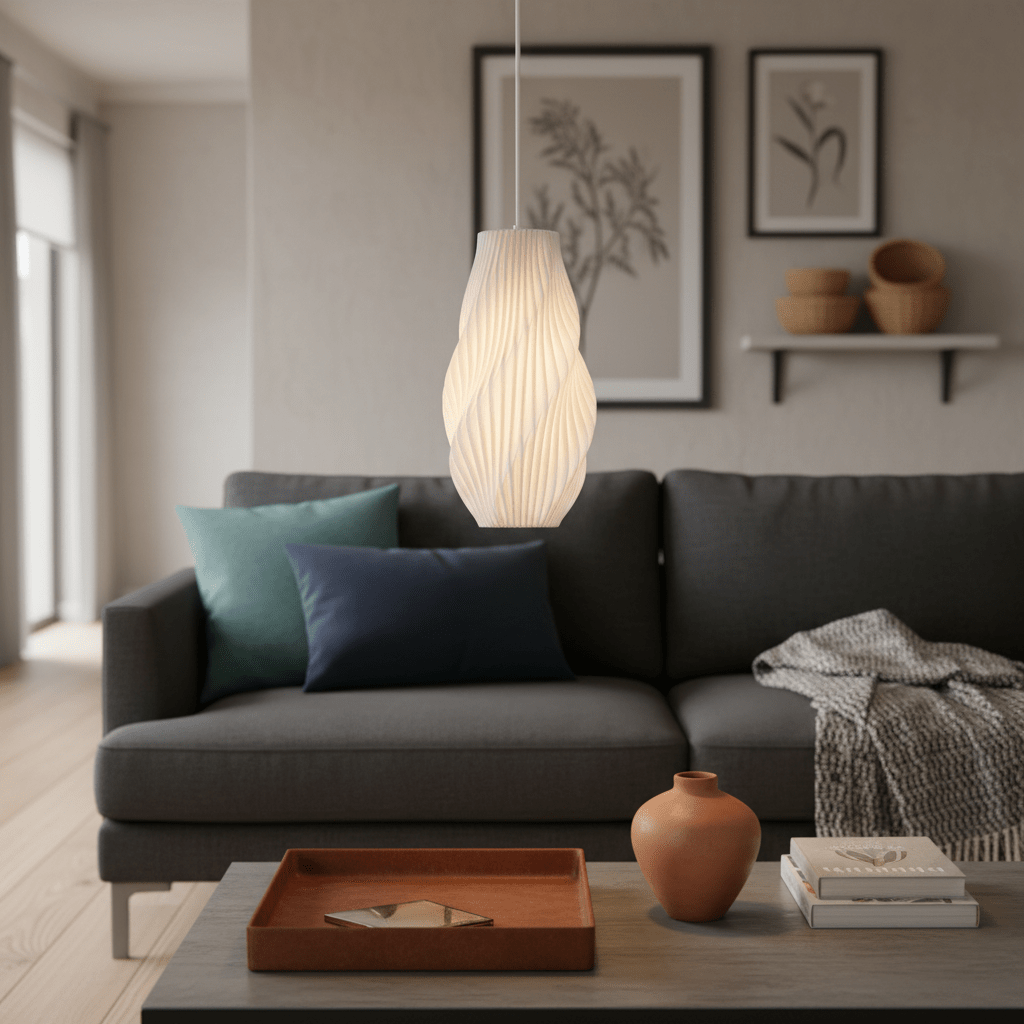 A white 3D printed pendant light hangs above a modern grey sofa with colorful cushions and a coffee table.
