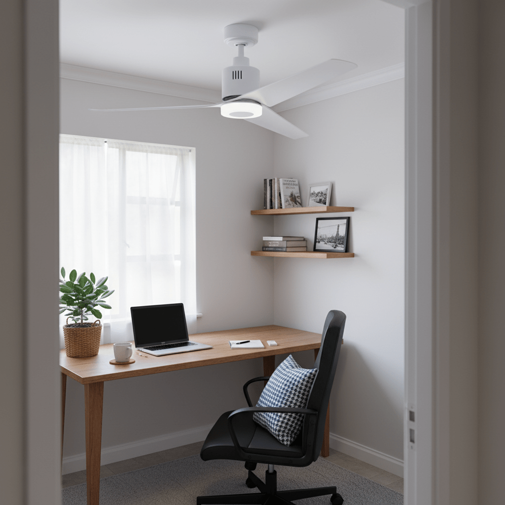Modern white ceiling fan installed in a bright home office with a desk and plants.