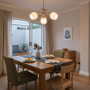 Gold metal chandelier with white glass shades illuminating a dining area with a wooden table and green chairs.