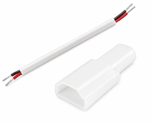 DYCE LED COB strip light waterproof cap with cable, featuring a white connector and exposed wires.