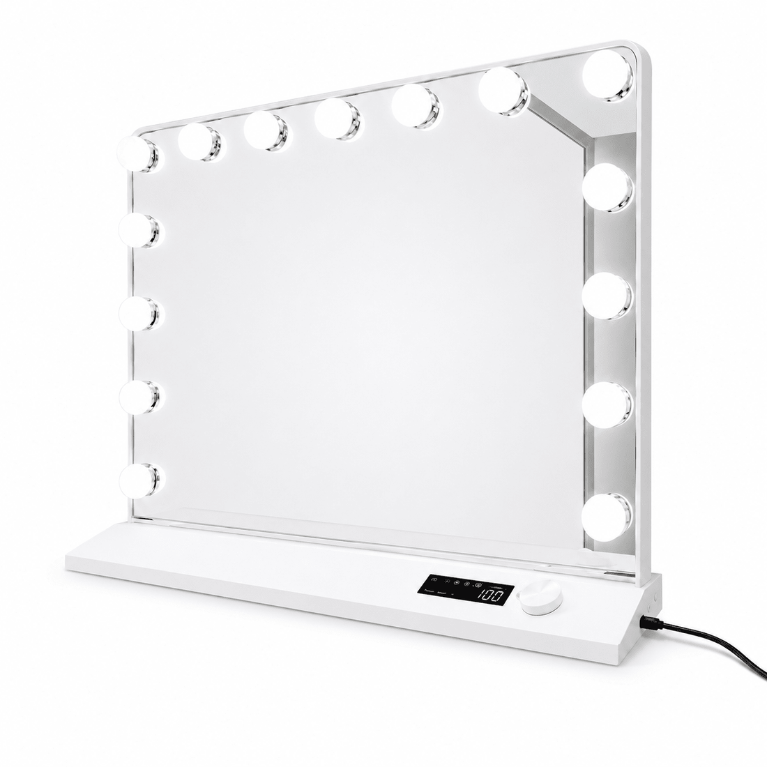 Standing tabletop LED mirror on a guesthouse bedroom dressing table in South Africa, soft task lighting, neatly arranged amenities, warm inviting decor, no logos.