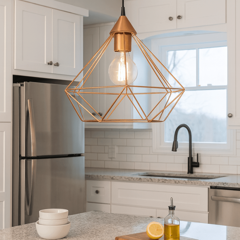 Modern kitchen with geometric pendant light, stainless steel refrigerator, and marble countertop.