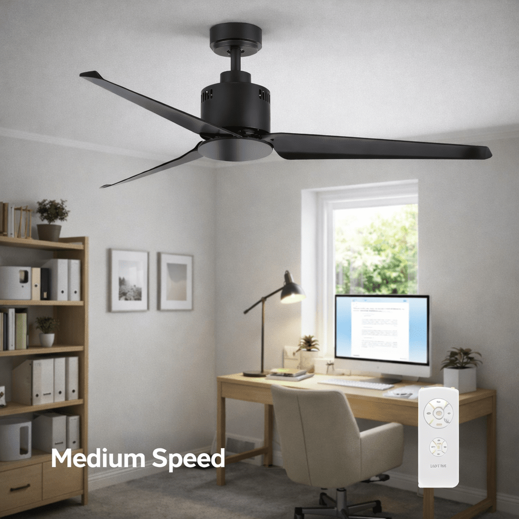 Matt black ceiling fan with three blades in a modern office setting, showing remote control and medium speed setting.