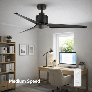 Matt black ceiling fan with three blades in a modern office setting, showing remote control and medium speed setting.