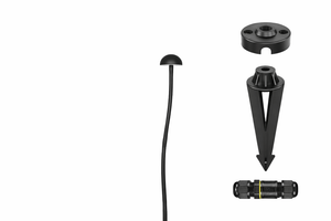 Black LED outdoor spike light components including the spike, connector, and base.
