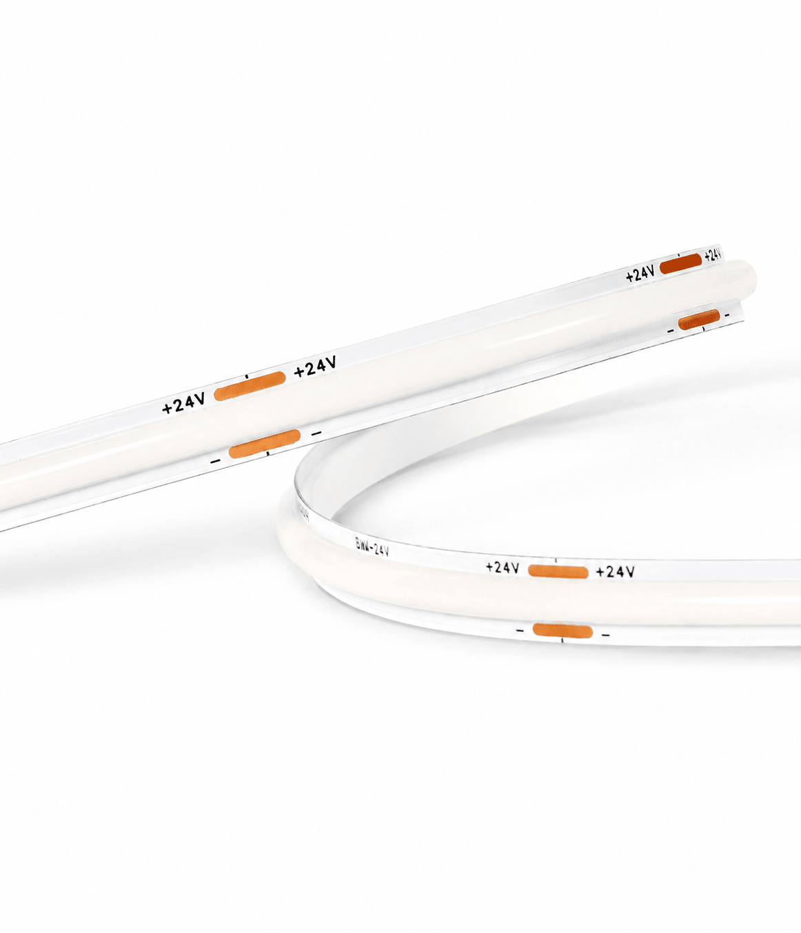 White LED strip lights with +24V marking on a white background