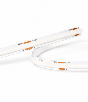 White LED strip lights with +24V marking on a white background