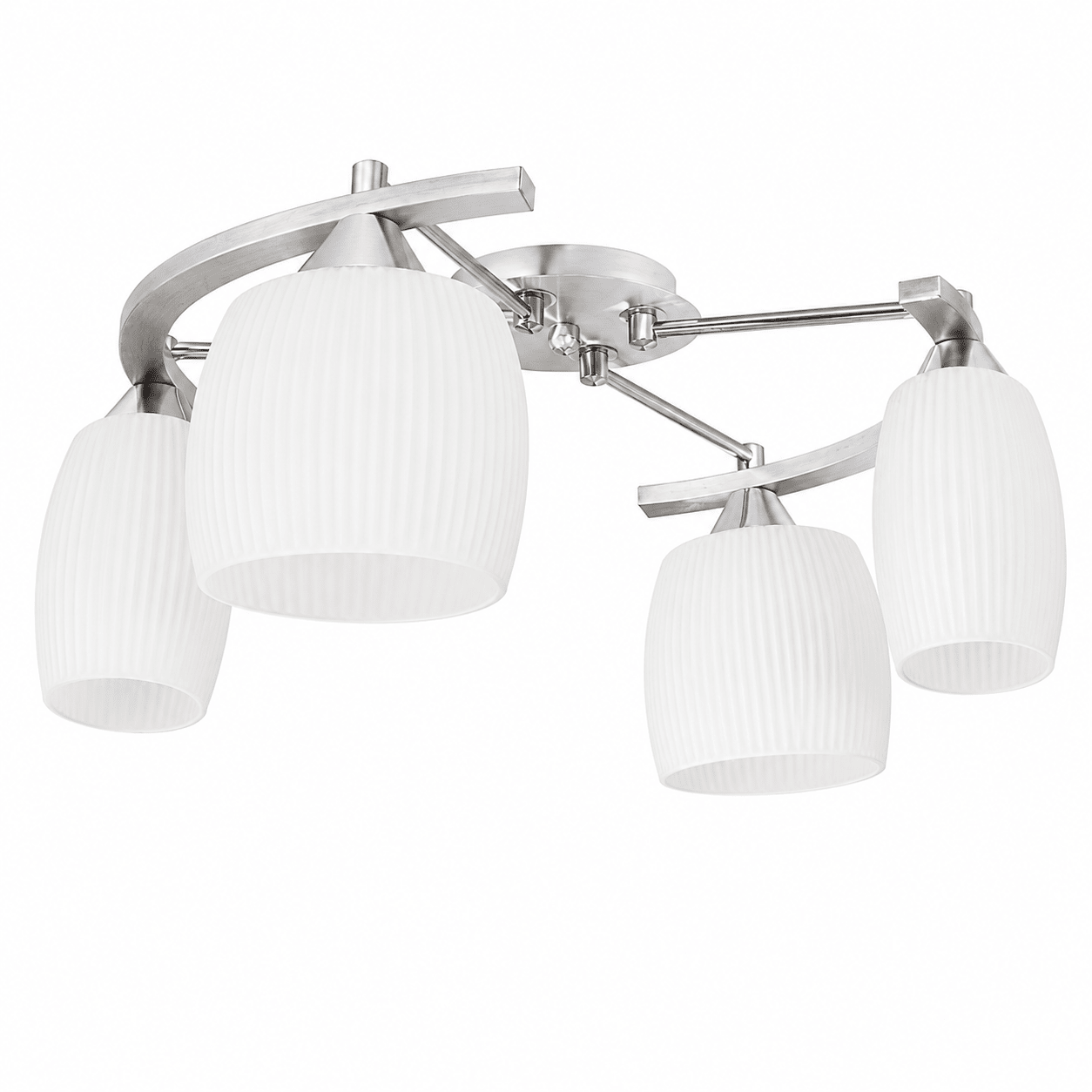 Satin chrome ceiling light with four pleated opal glass shades, modern design.