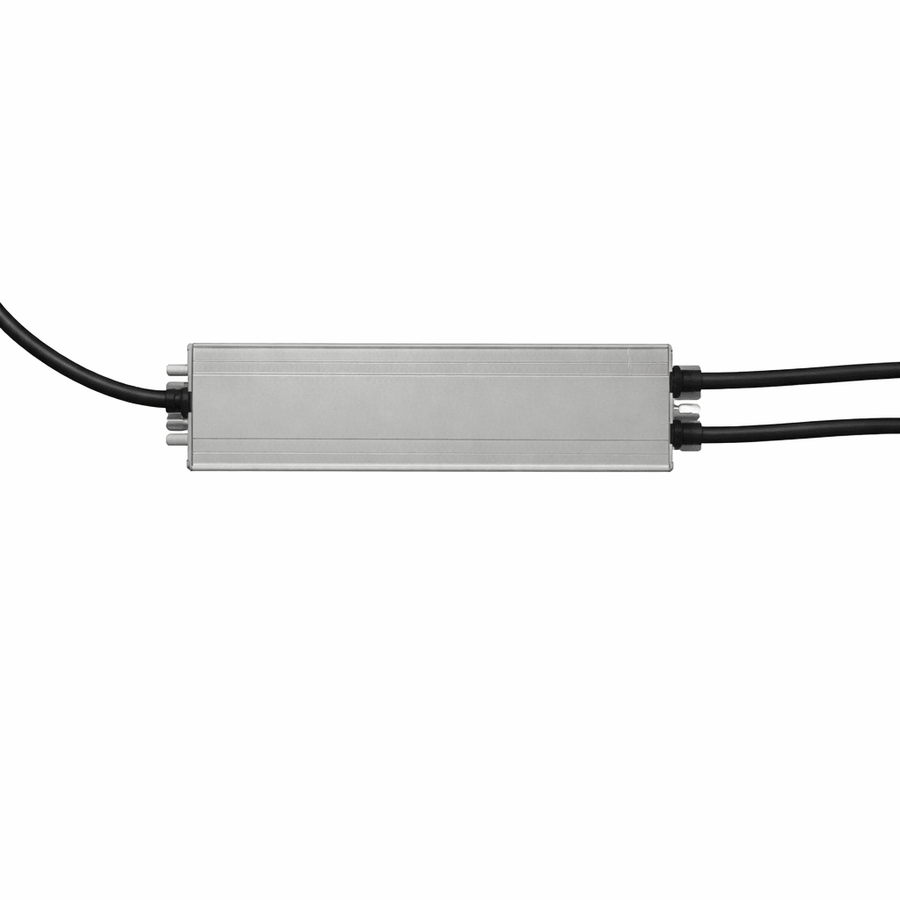 Waterproof 24Vdc LED power supply with slim design and dual cables for outdoor use.
