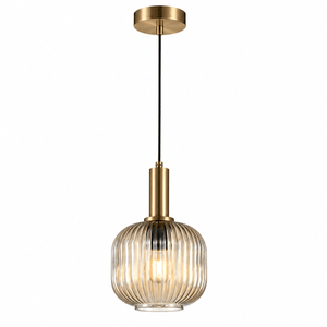 Amber glass pendant light with antique brass details, suspended from a ceiling mount.