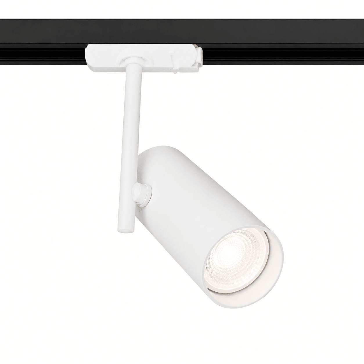 White GU10 slim track light mounted on a black track, showcasing its sleek design and adjustable spotlight.