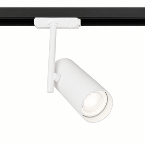 White GU10 slim track light mounted on a black track, showcasing its sleek design and adjustable spotlight.