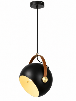 Black leather strap pendant light with a gold interior, suspended from a black ceiling mount.