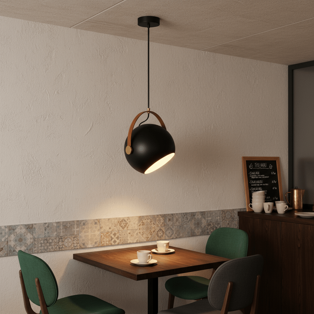 Black leather strap pendant light hanging over a wooden table with coffee cups in a cozy setting.