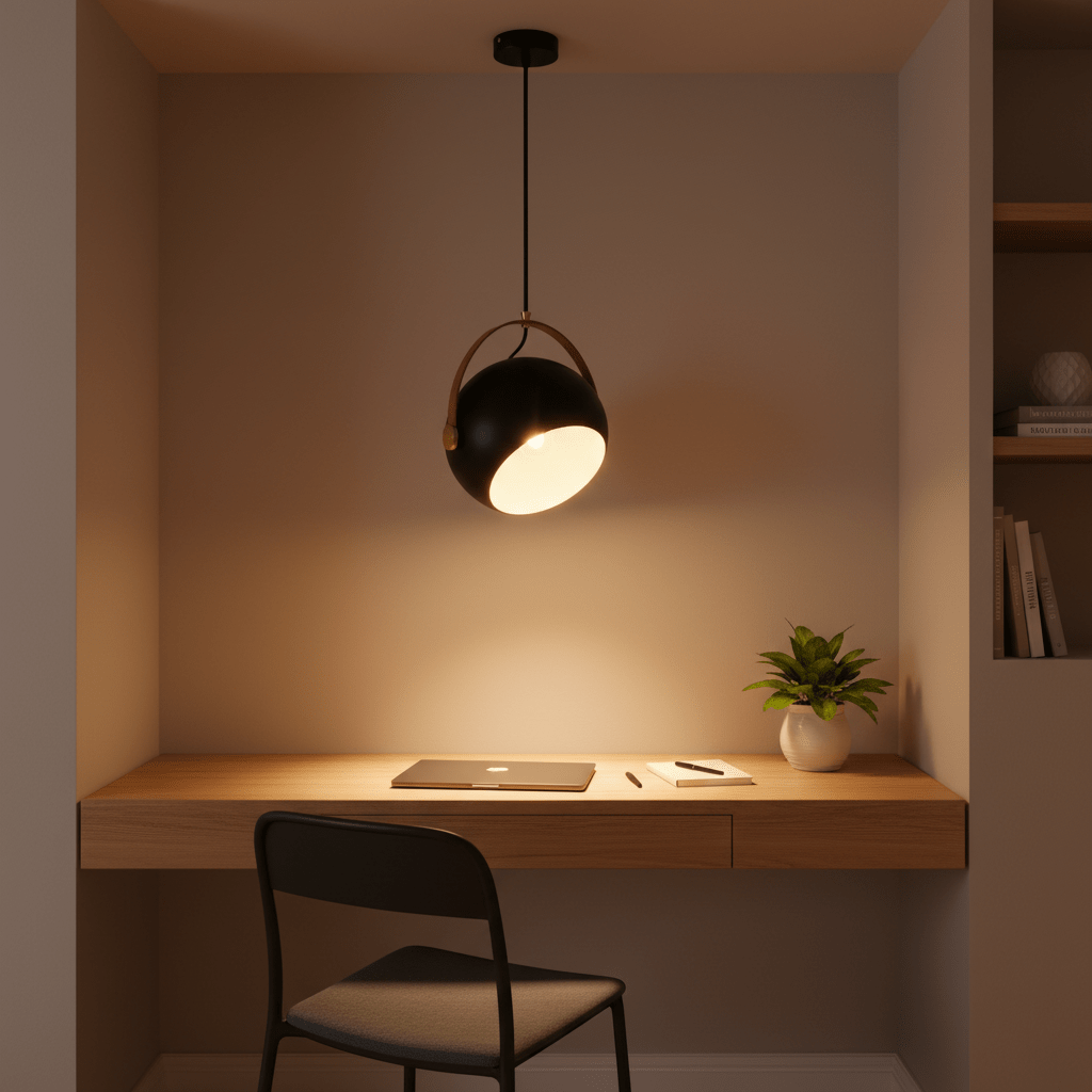 Black leather strap pendant light illuminating a modern desk with a laptop and plant.