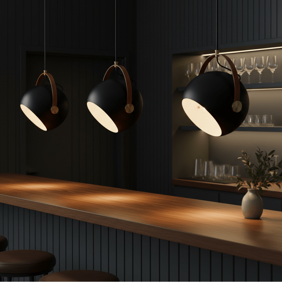Three black leather strap pendant lights hanging above a wooden bar, illuminating the space with a warm glow.
