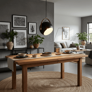Stylish black leather strap pendant light hanging above a wooden dining table set with plates and bowls.