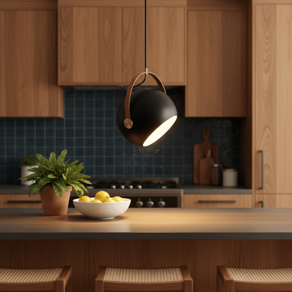 Black leather strap pendant light hanging over a kitchen island with a bowl of lemons and a potted plant.
