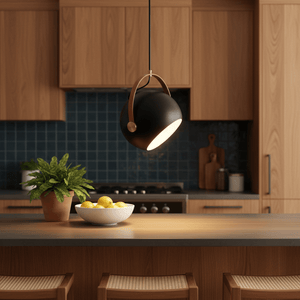 Black leather strap pendant light hanging over a kitchen island with a bowl of lemons and a potted plant.