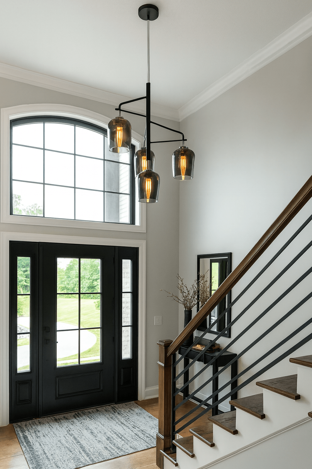 Polished Chrome Chandelier with Metal and Smoke Colour Glass