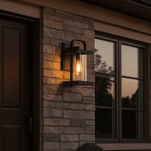 Outdoor wall light fixture on a stone building exterior