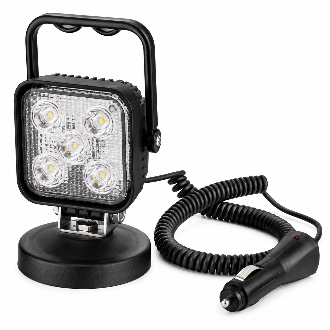 15W LED floodlight with magnetic base and coiled power cord for vehicle use.