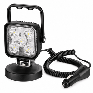 15W LED floodlight with magnetic base and coiled power cord for vehicle use.