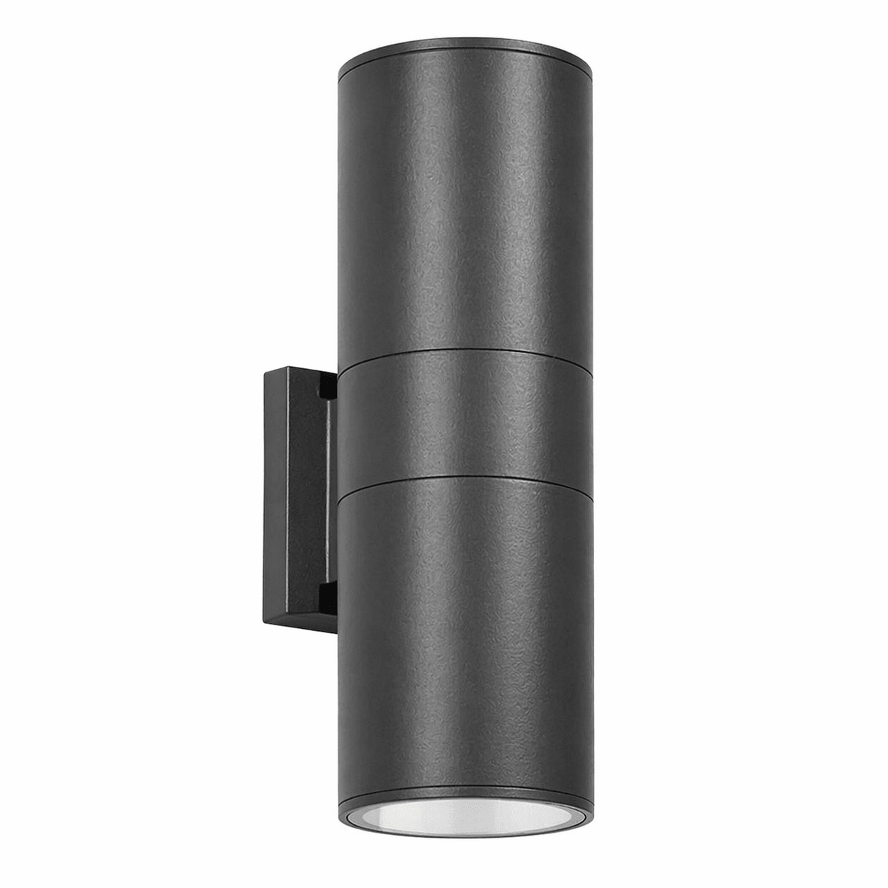 Black cylindrical outdoor wall light fixture on a white background