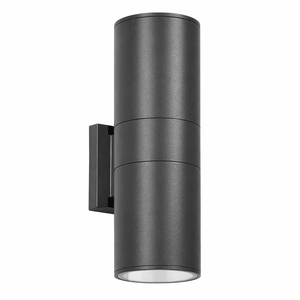 Black cylindrical outdoor wall light fixture on a white background