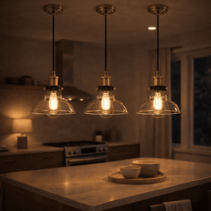 Three antique brass pendant lights with clear glass shades hanging over a kitchen island, illuminating a cozy space.