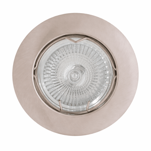 Curved rim downlight holder with GU10 lamp, showcasing a modern design in satin chrome finish.
