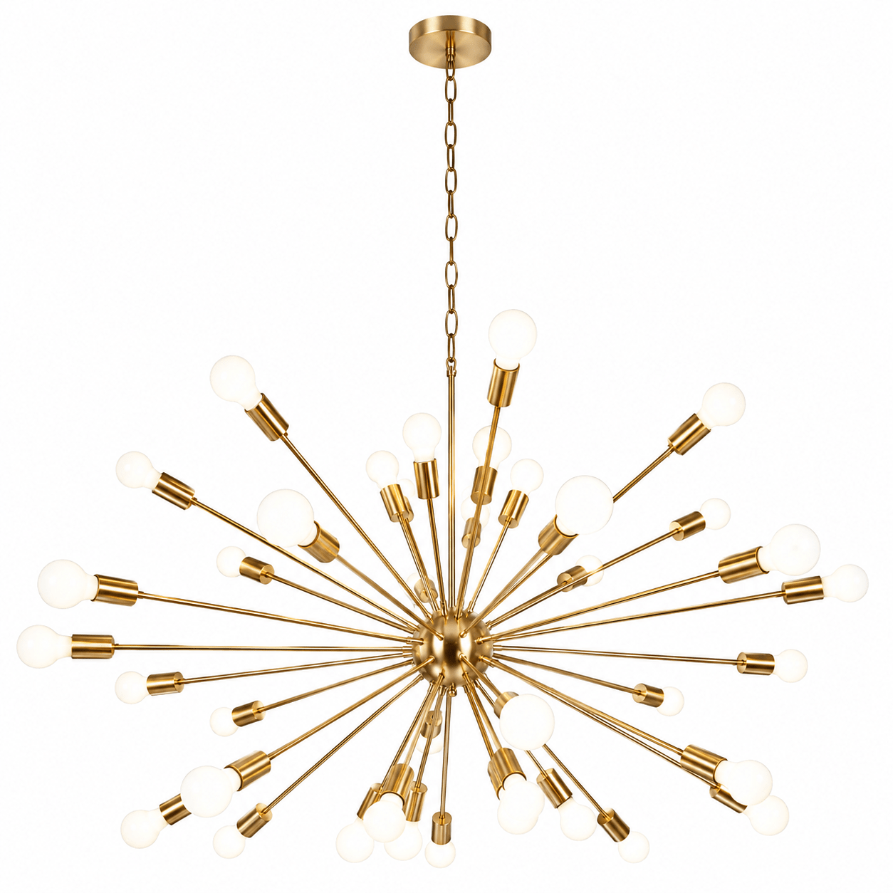 Gold sputnik chandelier with multiple arms on a white background